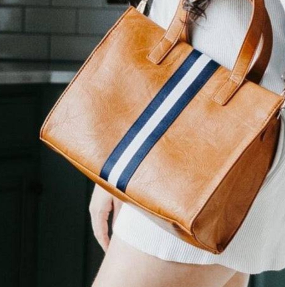 Chic Vegan Leather Stripe Tote Tan, Black, White